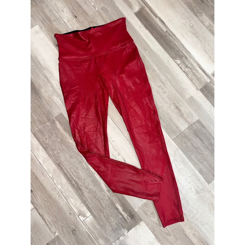Spanx Faux Leather Leggings Women Red Metallic High Waist Large